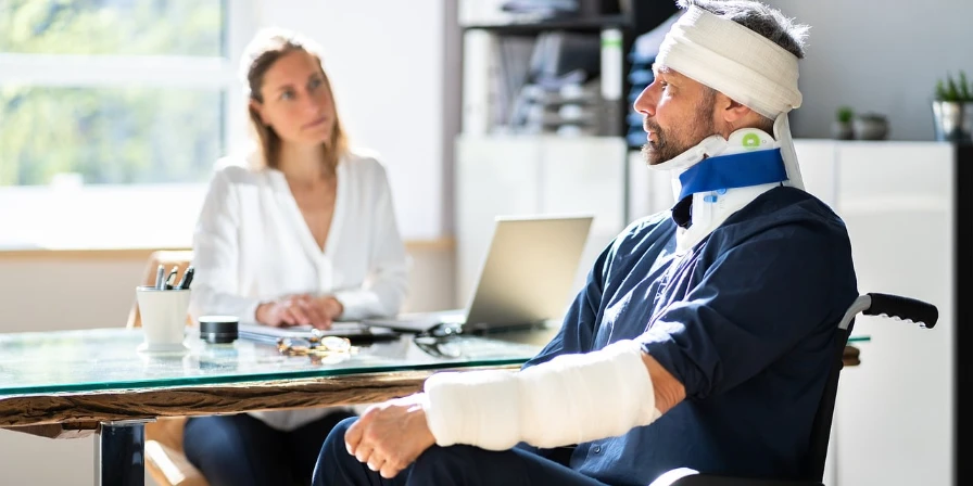 An injured man speaking with his client in her office.