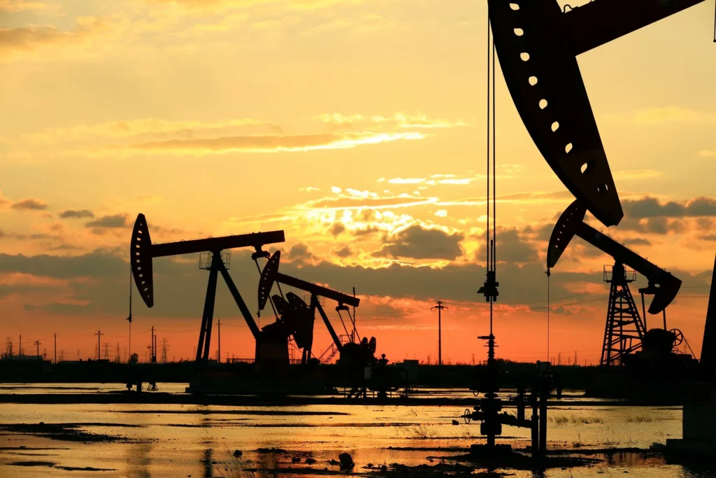 Sunset view of an oilfield.