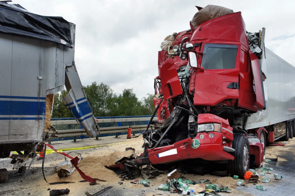 Severe accident between two semi trucks, with debris on the road. 