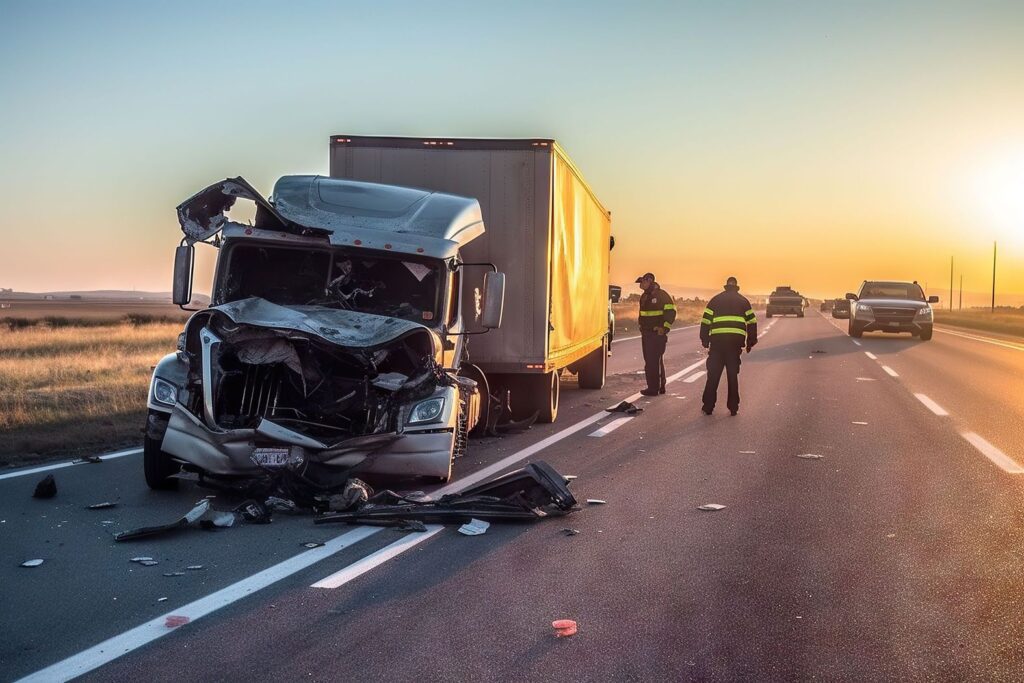 A crashed truck on the side of the highway.