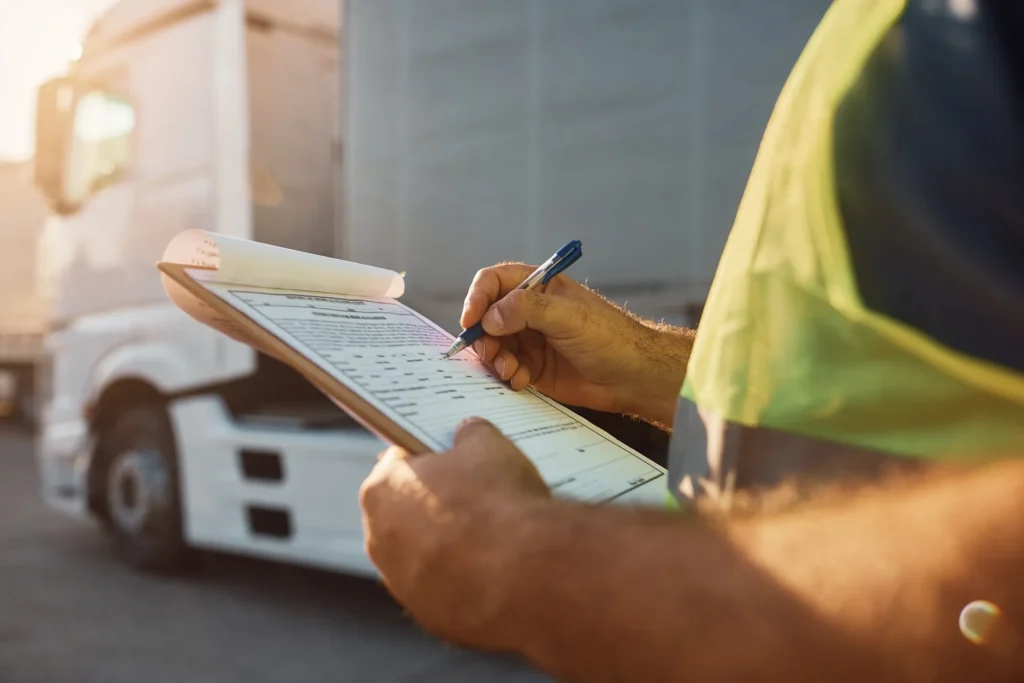 A commercial driver holding a clip board and checking off safety check items.
