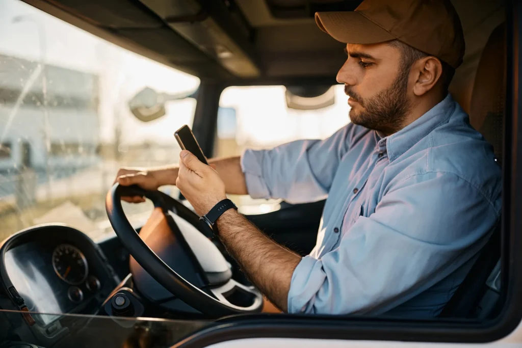 A commercial driver, interacting with his phone while driving.