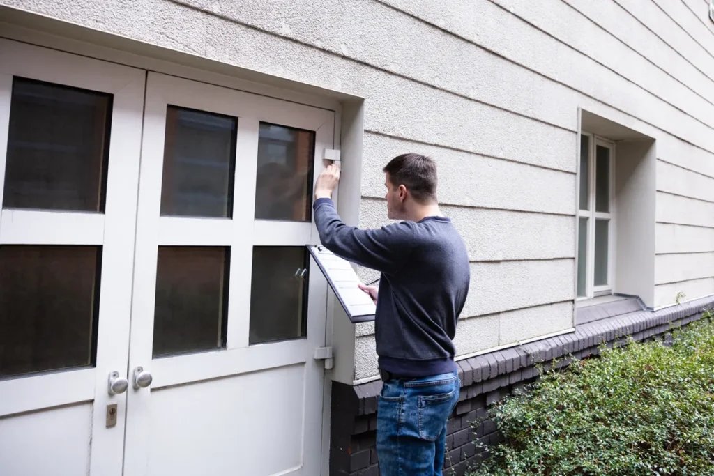 An inspector looking at the outside of a building.
